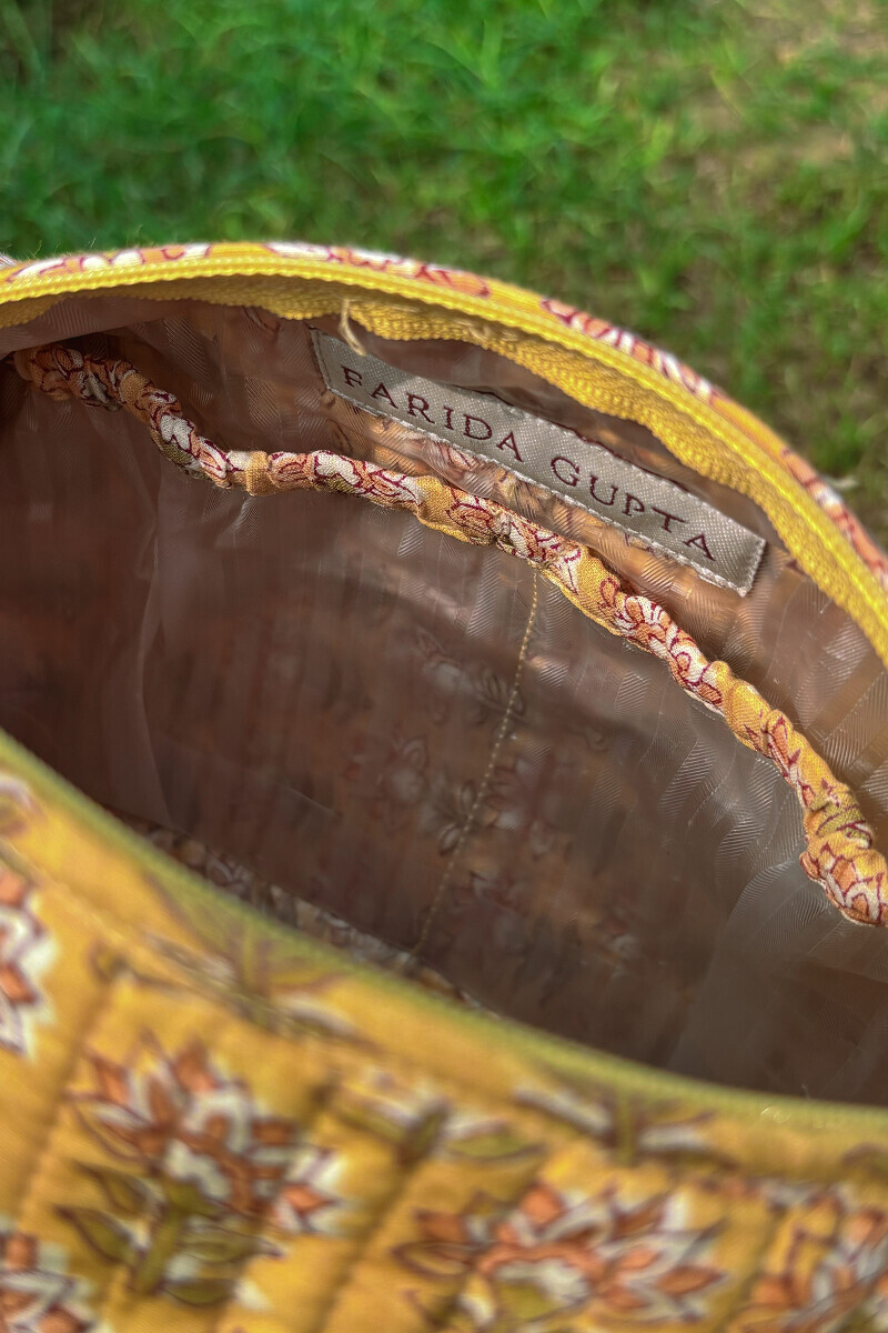 Yellow Hand Block-Printed Cotton Vanity Pouch