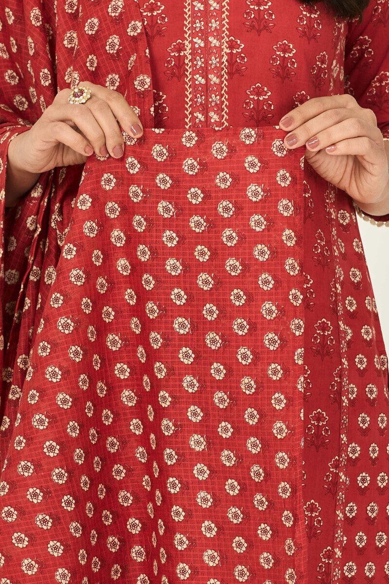 Red Hand Printed Kota Dupatta