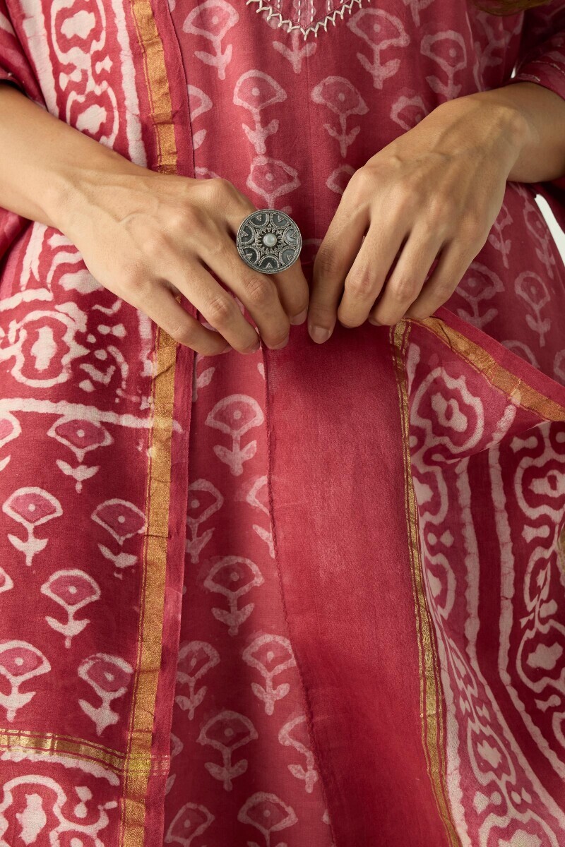 Pink Hand Block Printed Chanderi Dupatta