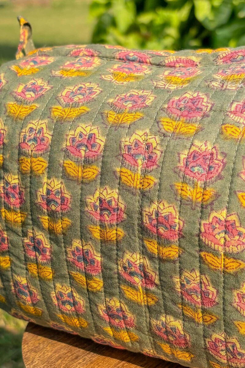 Green Hand Block-Printed Cotton Vanity Pouch