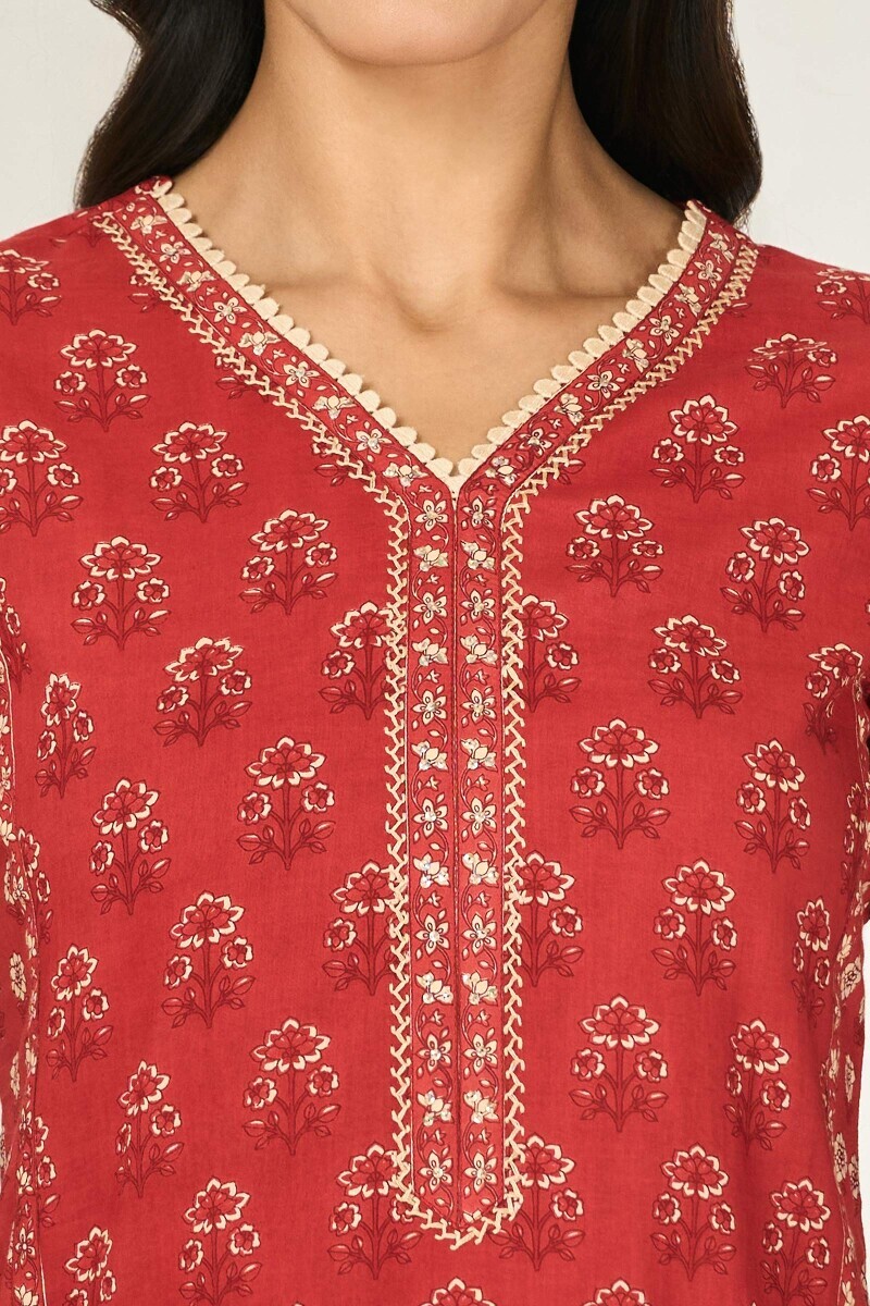 Red Hand Printed Straight Cotton Kurta