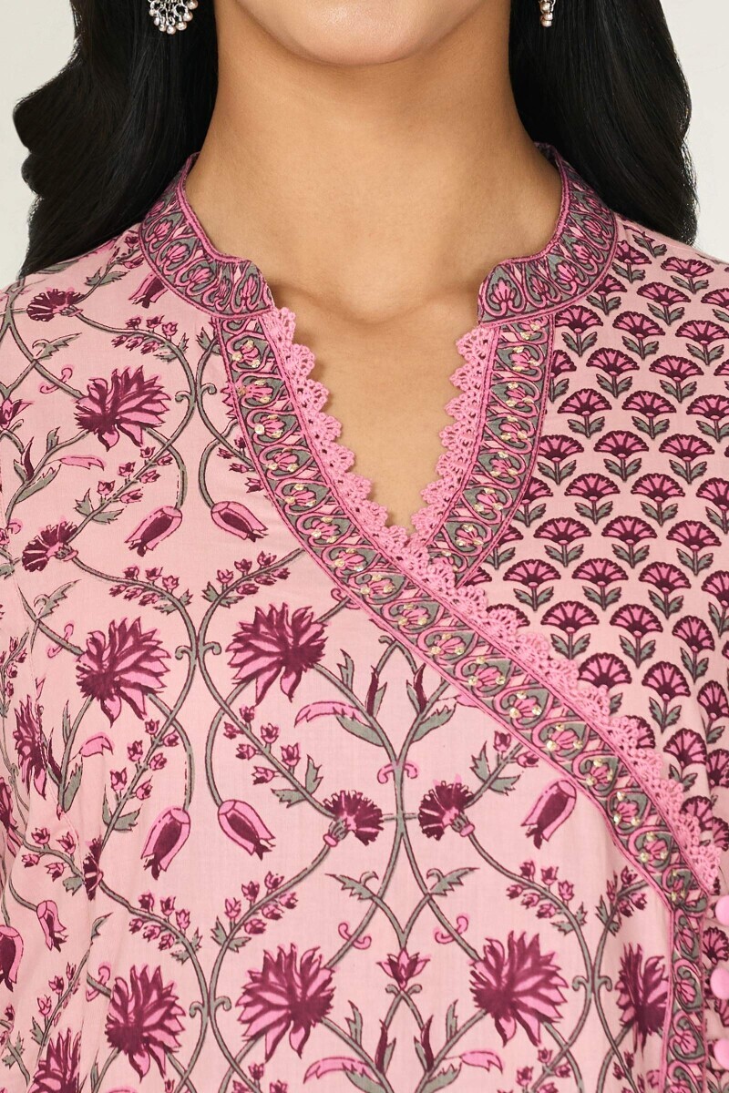 Pink Hand Printed Angrakha Cotton Kurta