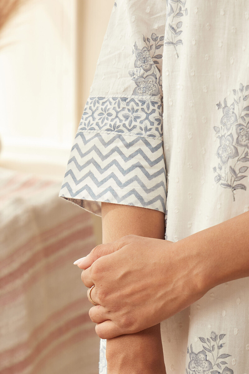 White Hand Block-Printed Straight Cotton Dobby Kurta