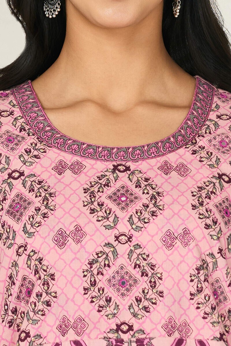 Pink Hand Printed Straight Cotton Kurta