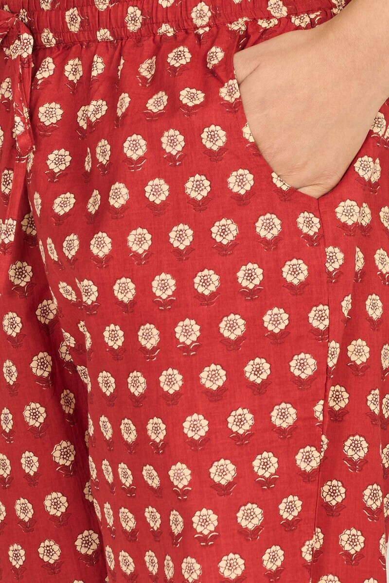 Red Hand Printed Cotton Narrow Pants