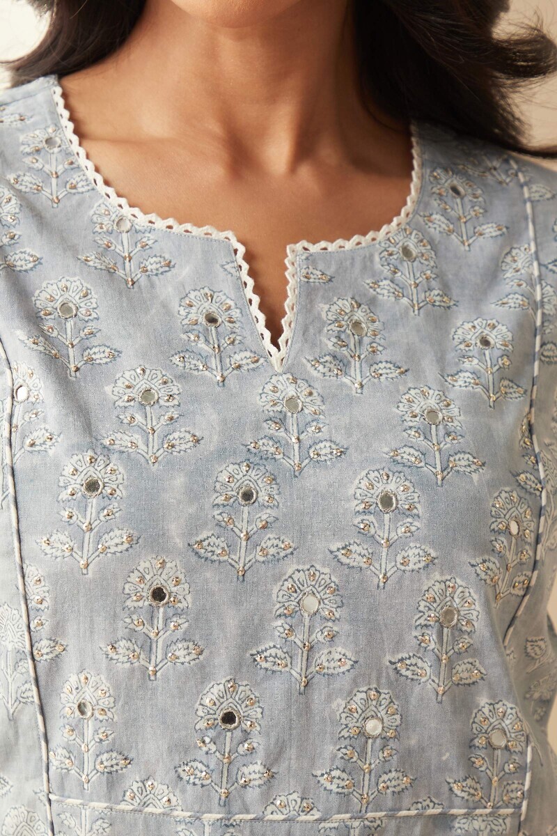 Blue Hand Block-Printed Straight Cotton Kurta