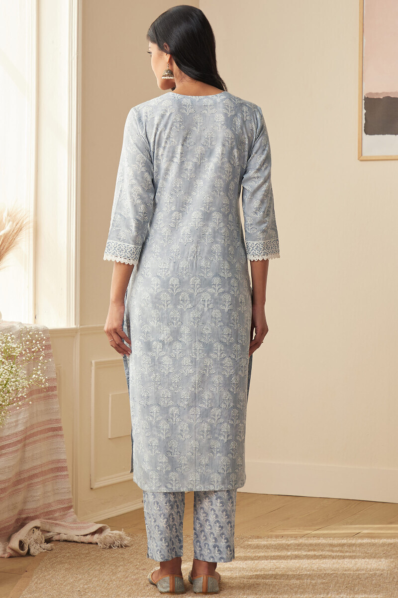 Blue Hand Block-Printed Straight Cotton Kurta