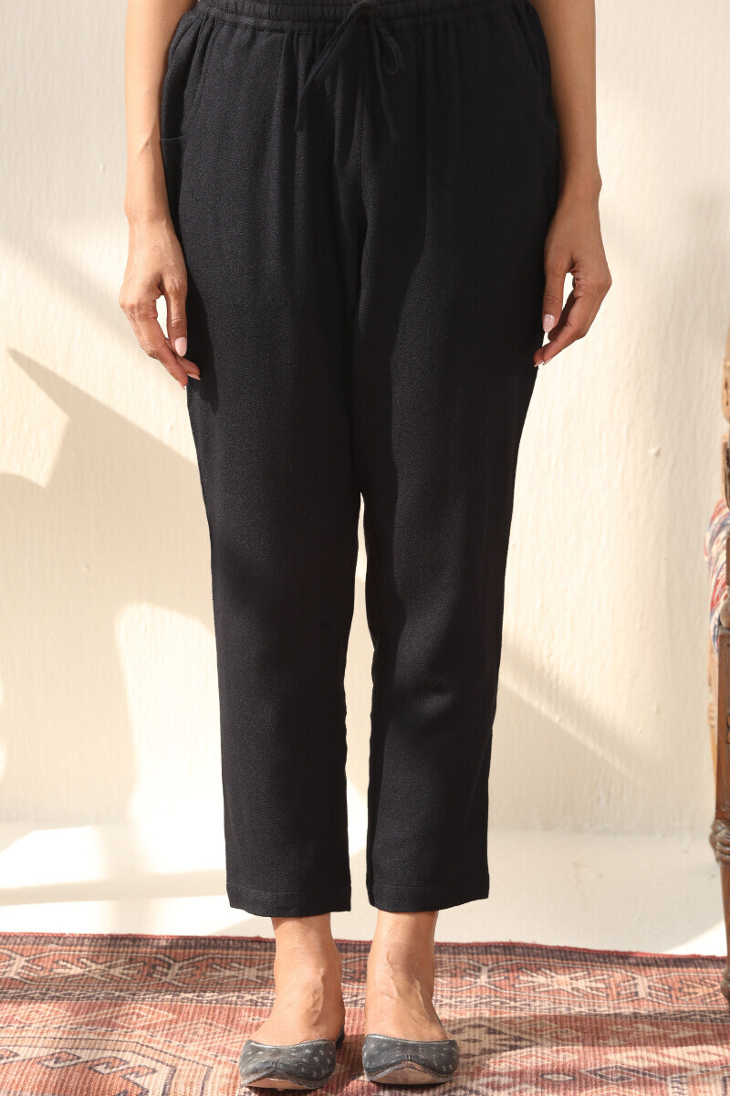 Black Handcrafted Faux Wool Narrow Pants