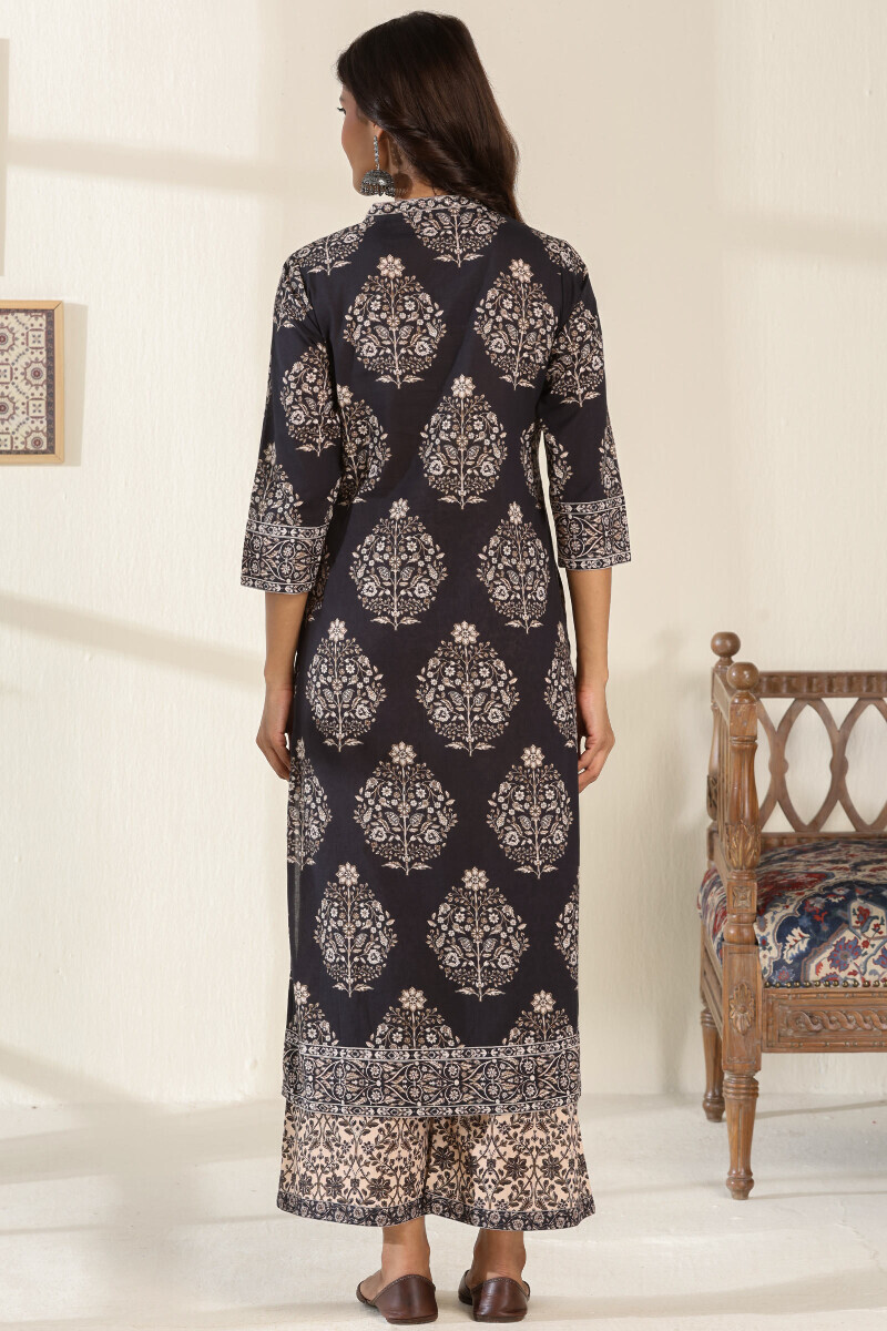 Black Printed Straight Cotton Dobby Kurta