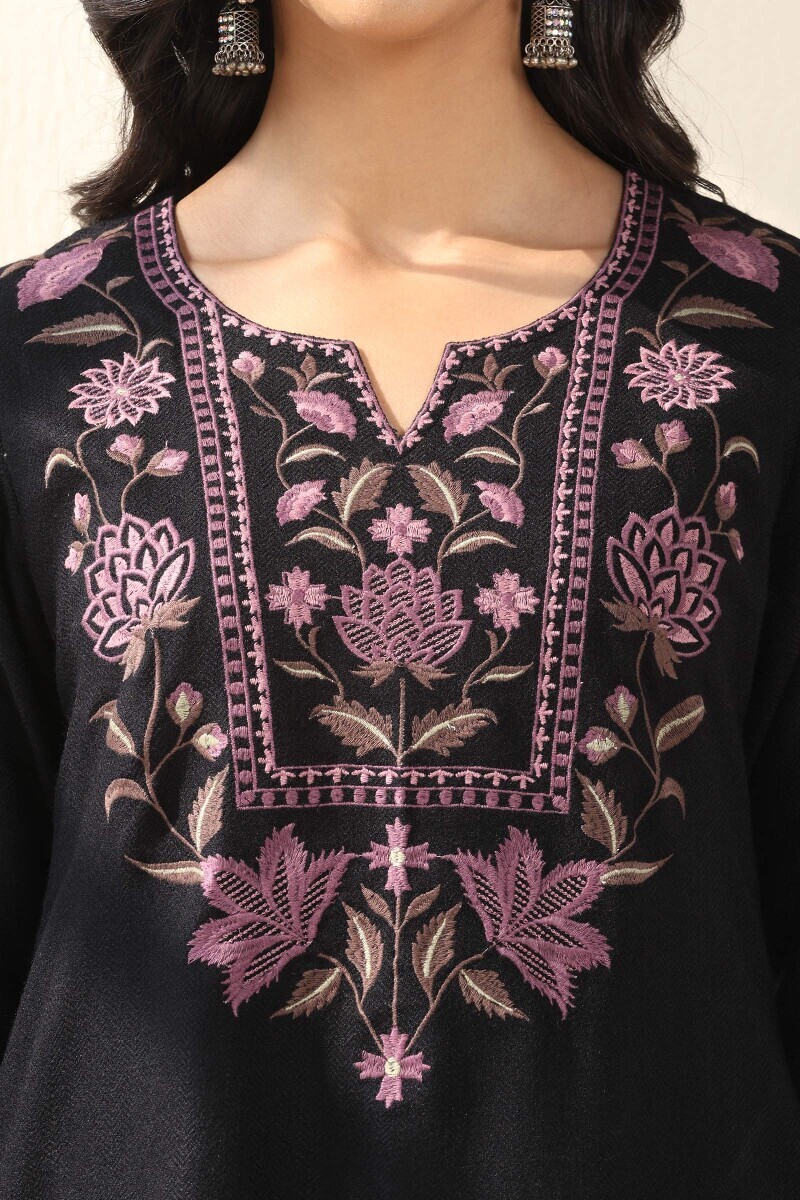 Black Handcrafted Straight Faux Wool Kurta