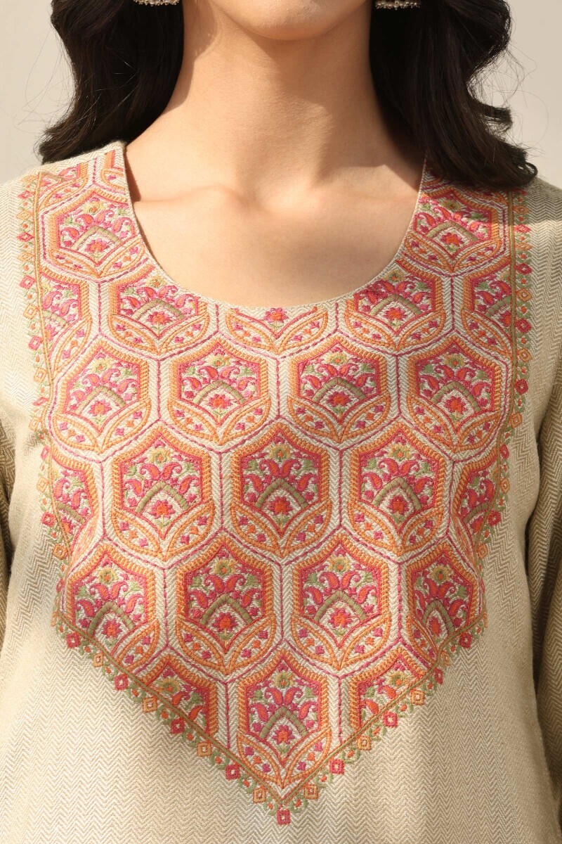 Beige Handcrafted Straight Faux Wool Kurta