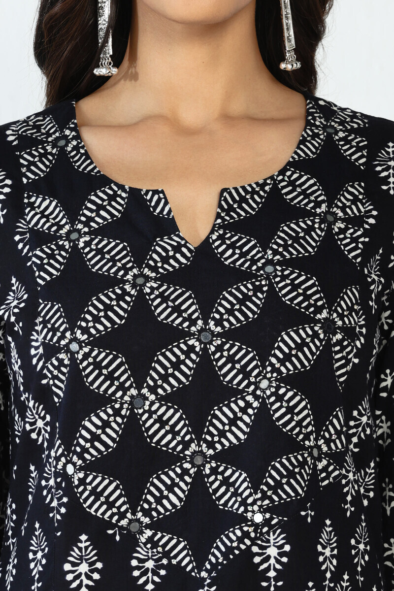 Black Hand Block-Printed Straight Cotton Kurta