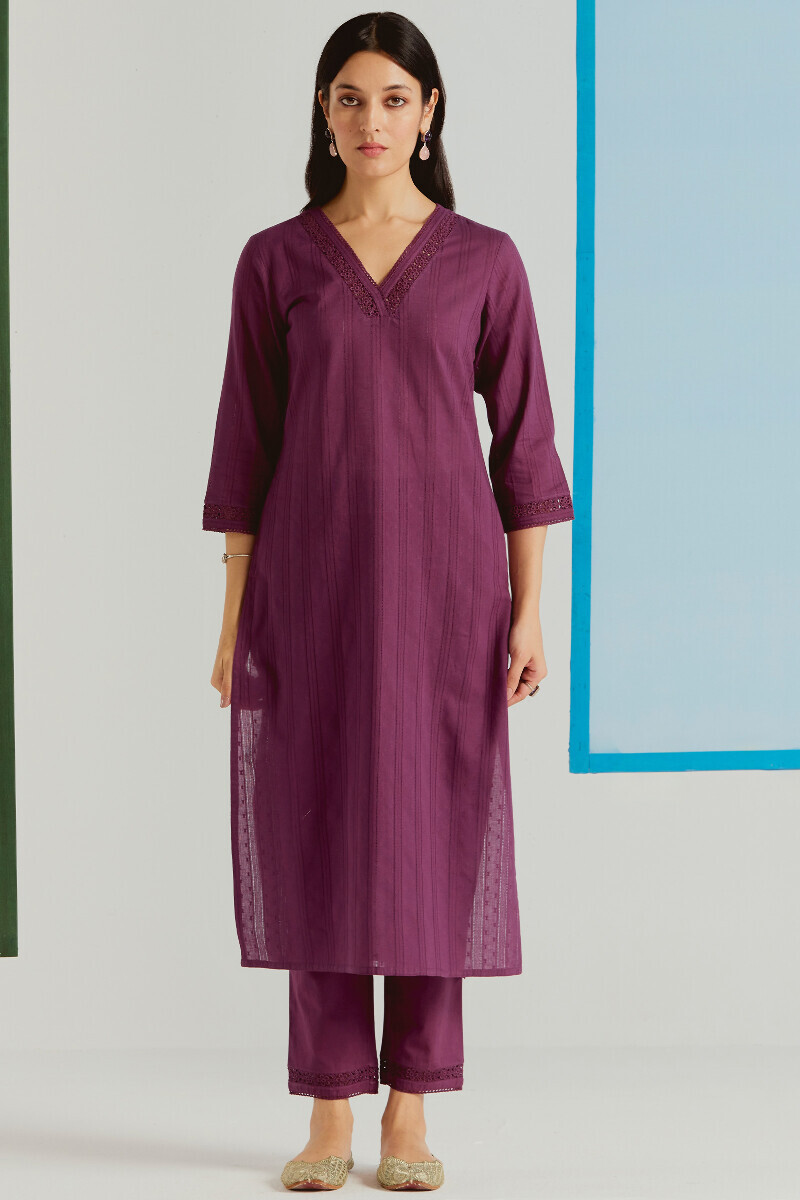 Purple Handcrafted Straight Cotton Dobby Kurta