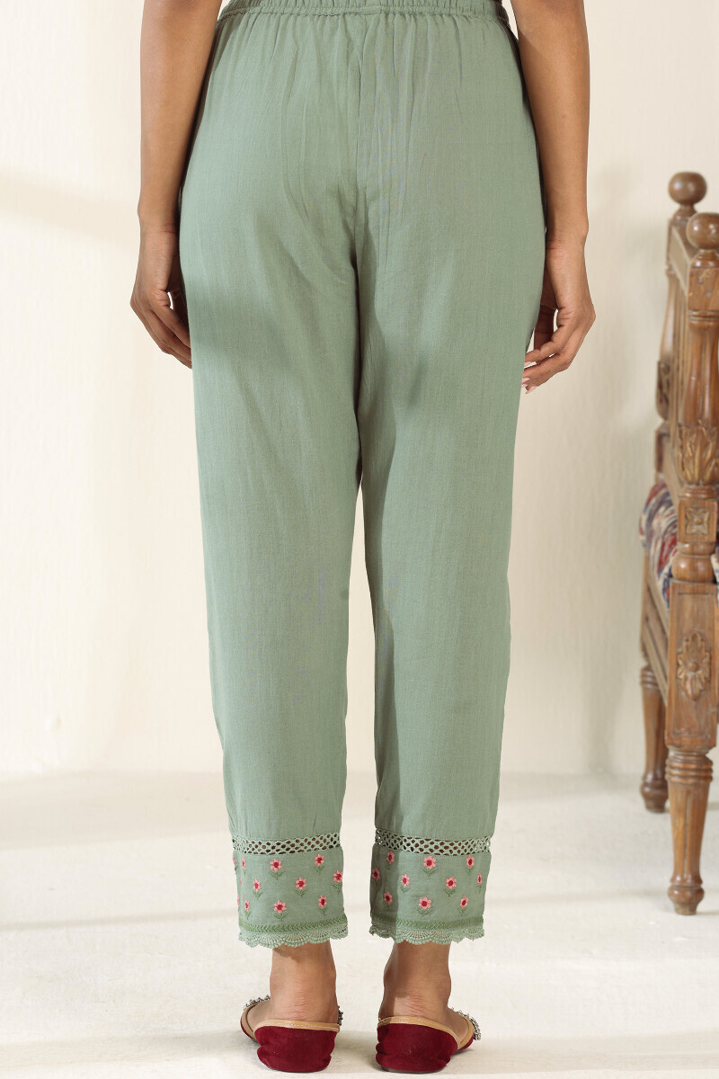 Green Handcrafted Cotton Narrow Pants