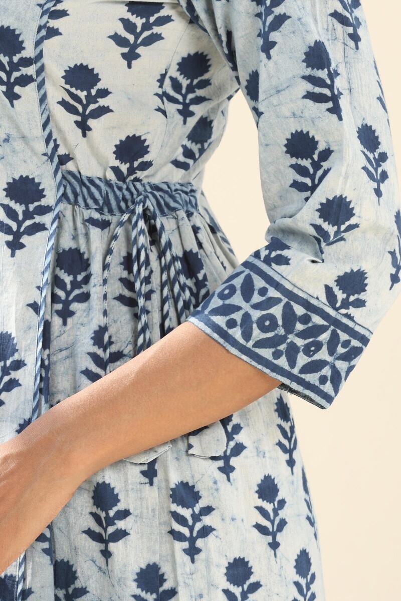 Indigo Hand Block Printed A-Line Cotton Kurta