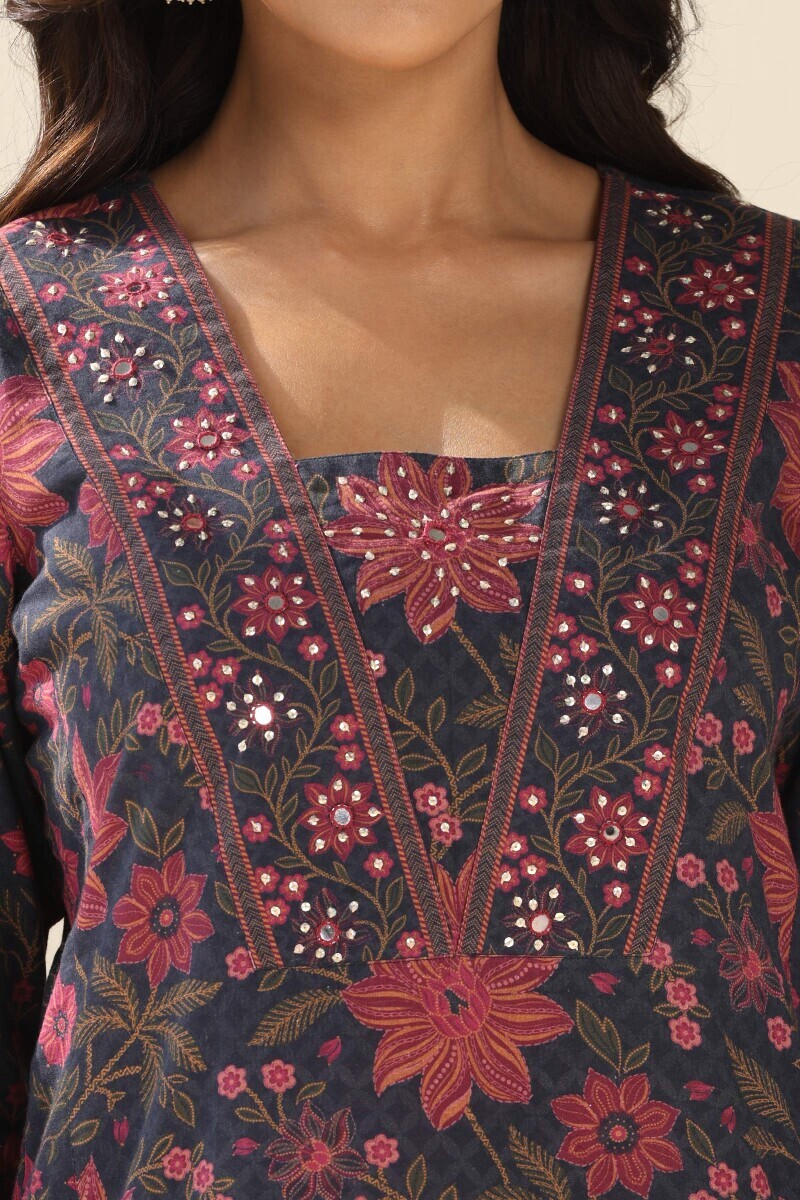 Blue Printed Straight Cotton Kurta