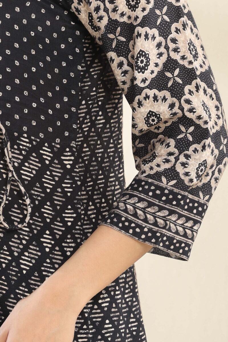 Black Printed A-Line Viscose Kurta