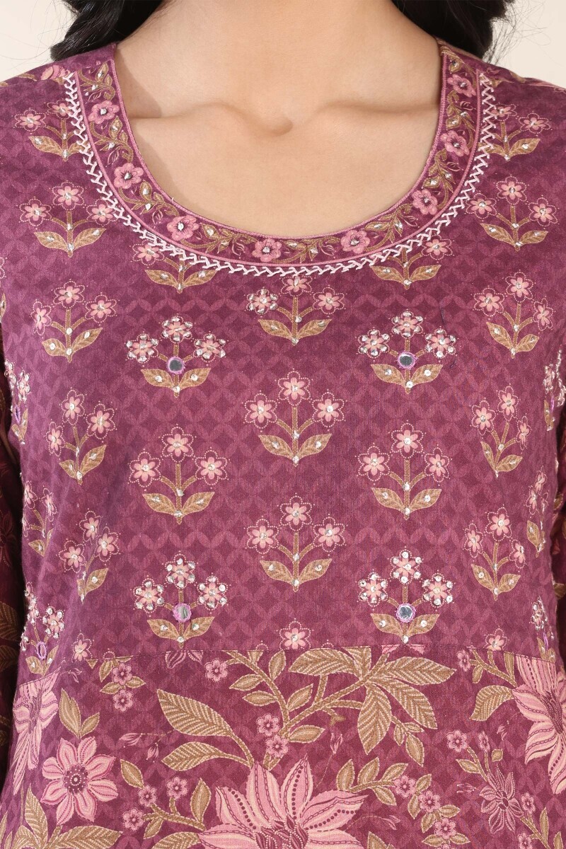 Purple Printed Straight Cotton Kurta