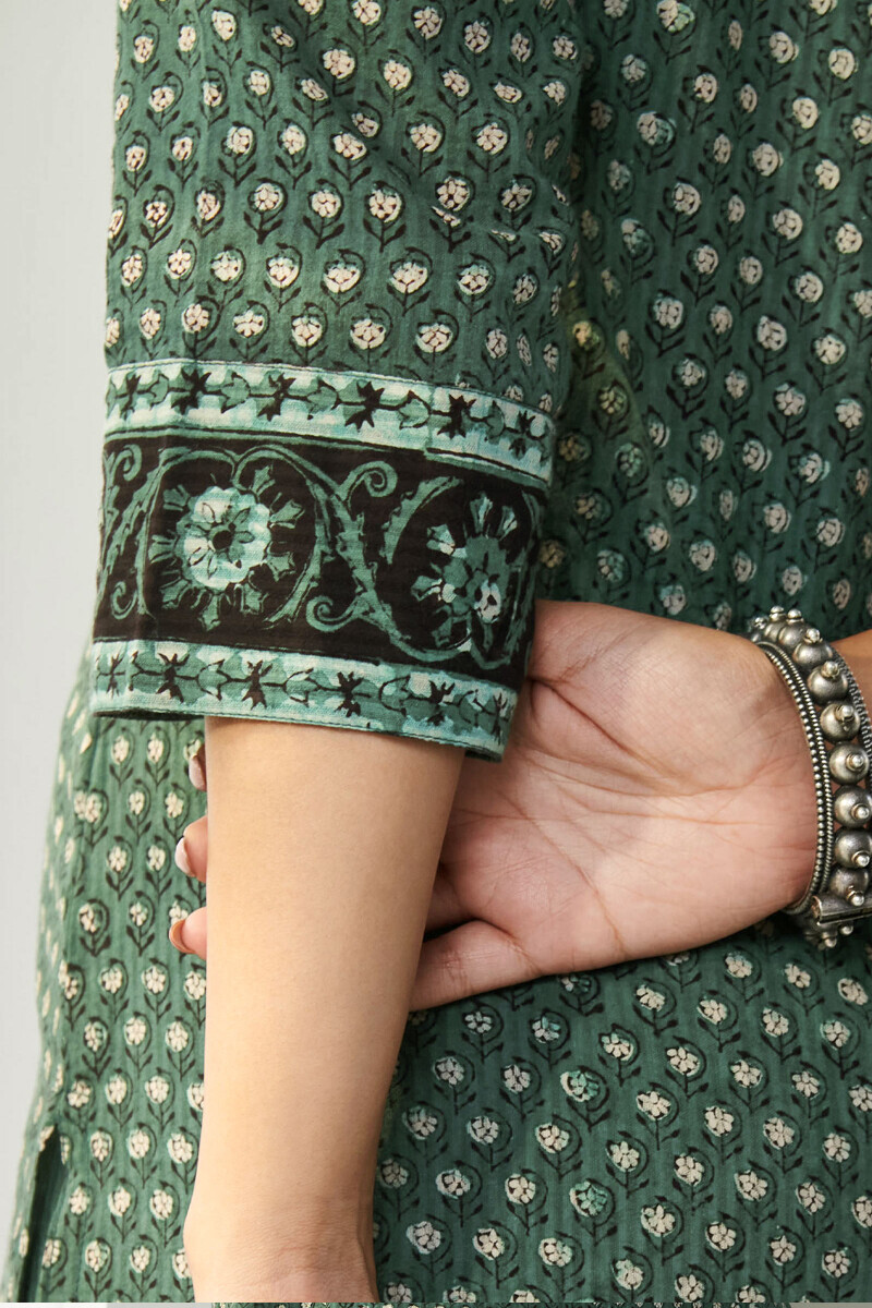 Green Hand Block Printed Straight Cotton Dobby Kurta