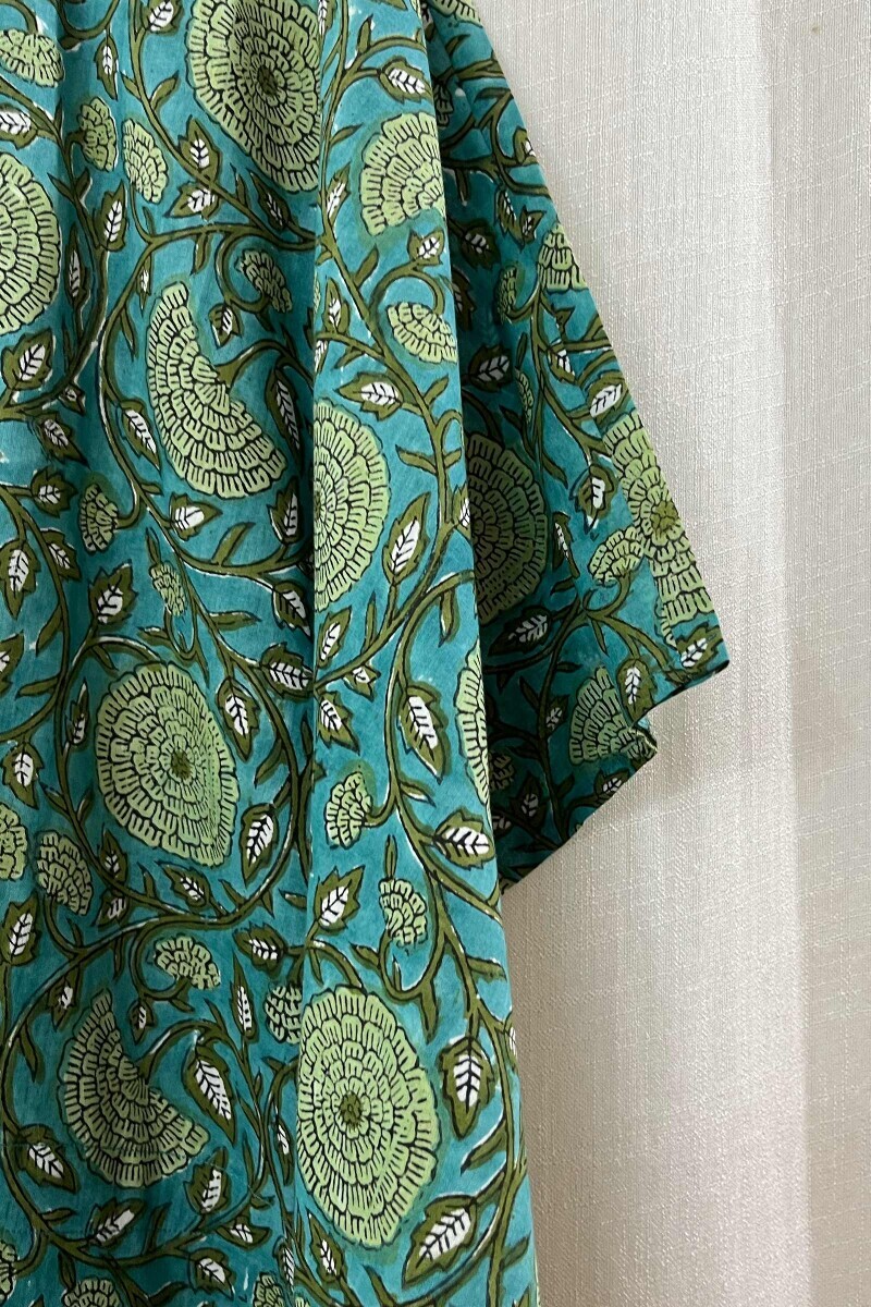 Turquoise Hand Block-Printed Cotton Kaftan