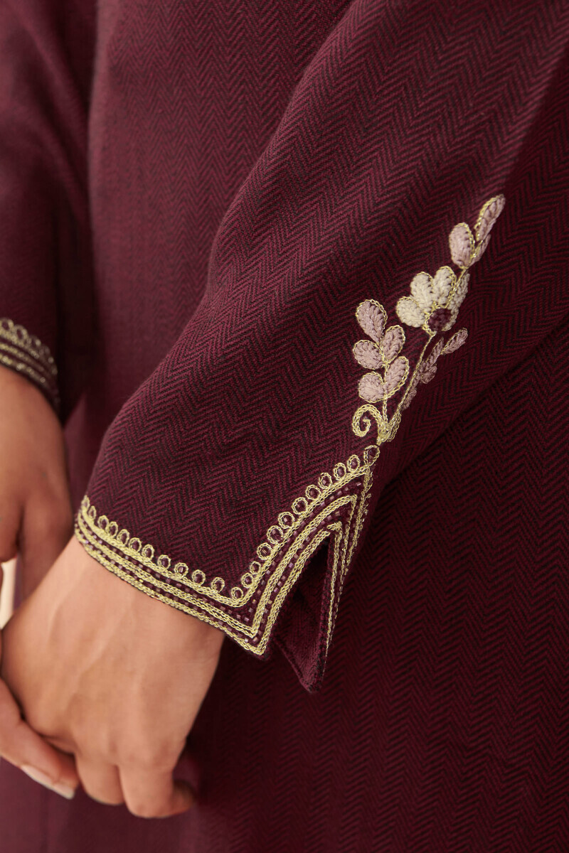 Maroon Handcrafted Straight Faux Wool Kurta