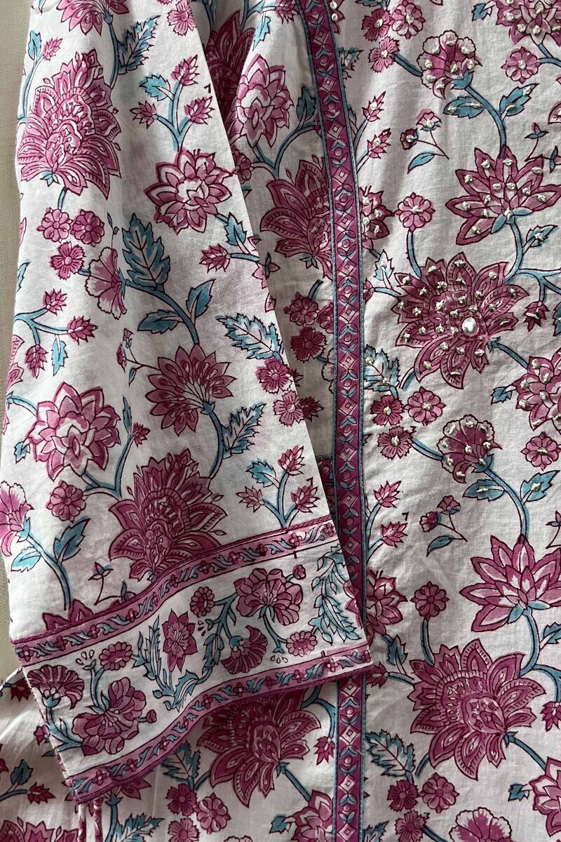 White Hand Block-Printed A-Line Cotton Kurta