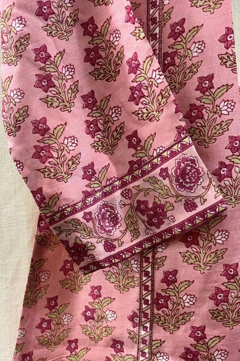 Pink Hand Printed Straight Viscose Kurta