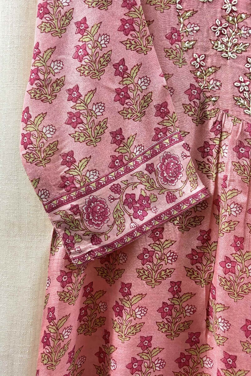 Pink Hand Printed A-Line Viscose Kurta