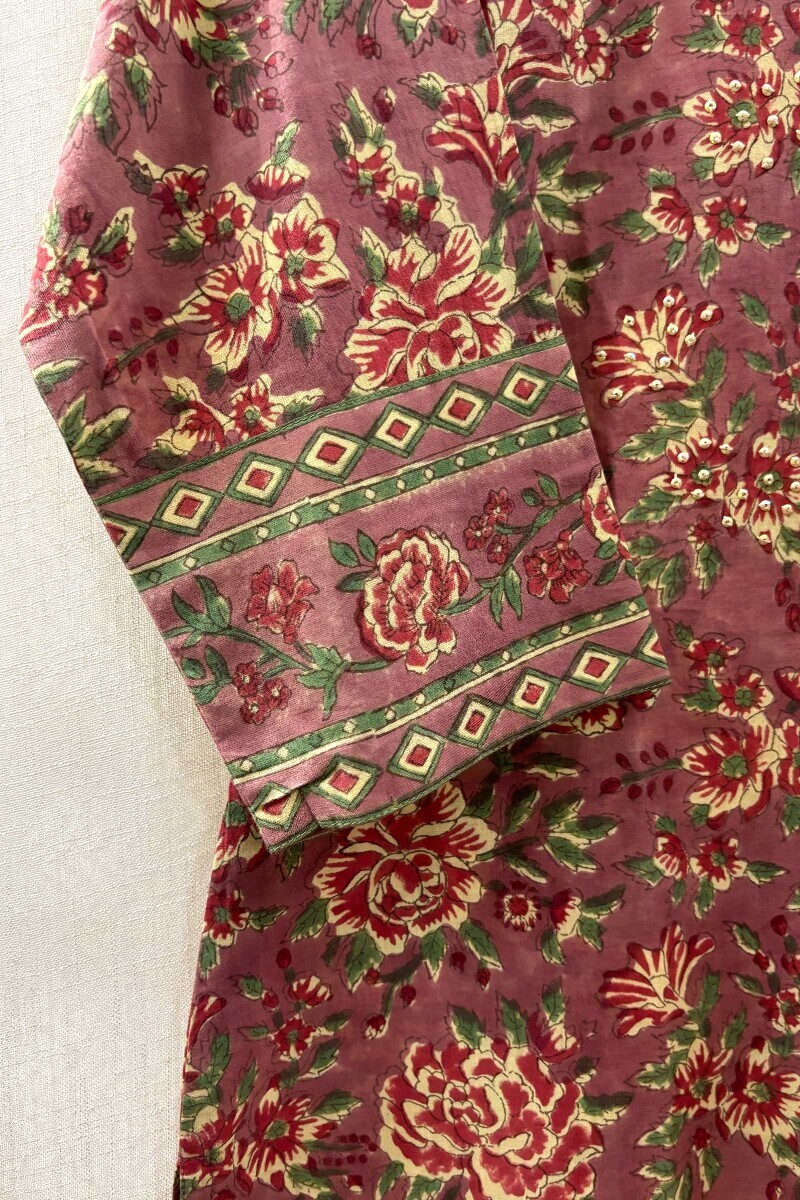 Mauve Hand Block-Printed Straight Cotton Kurta