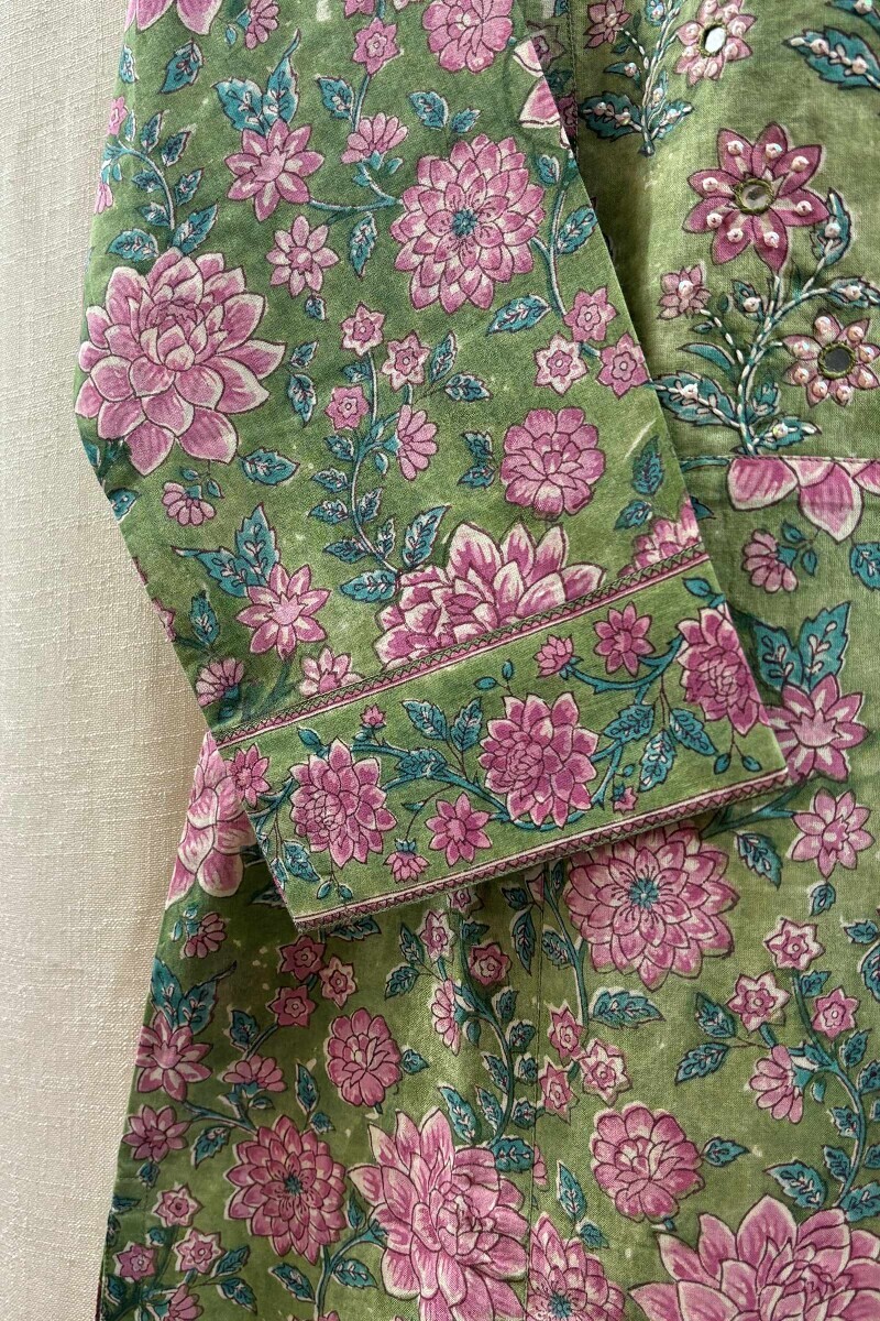 Green Hand Block-Printed Straight Cotton Kurta