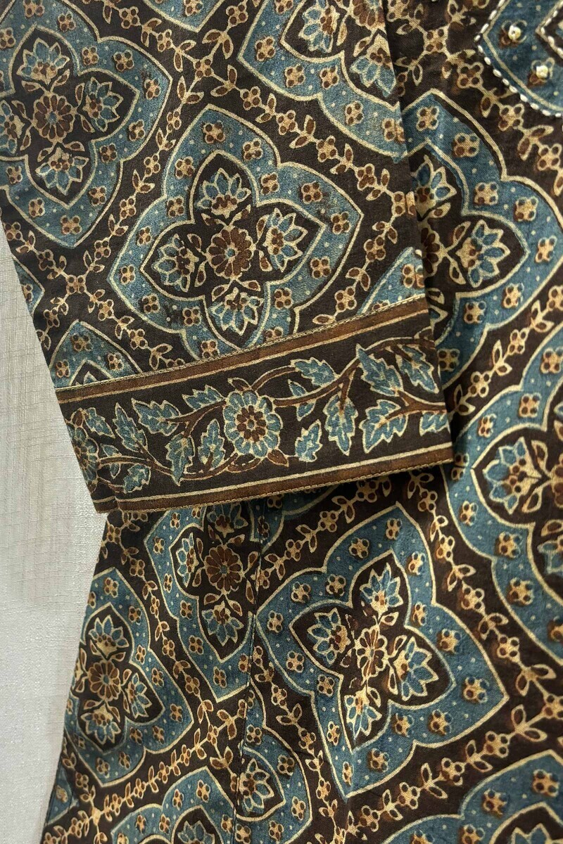 Brown Hand Block-Printed Straight Kurta