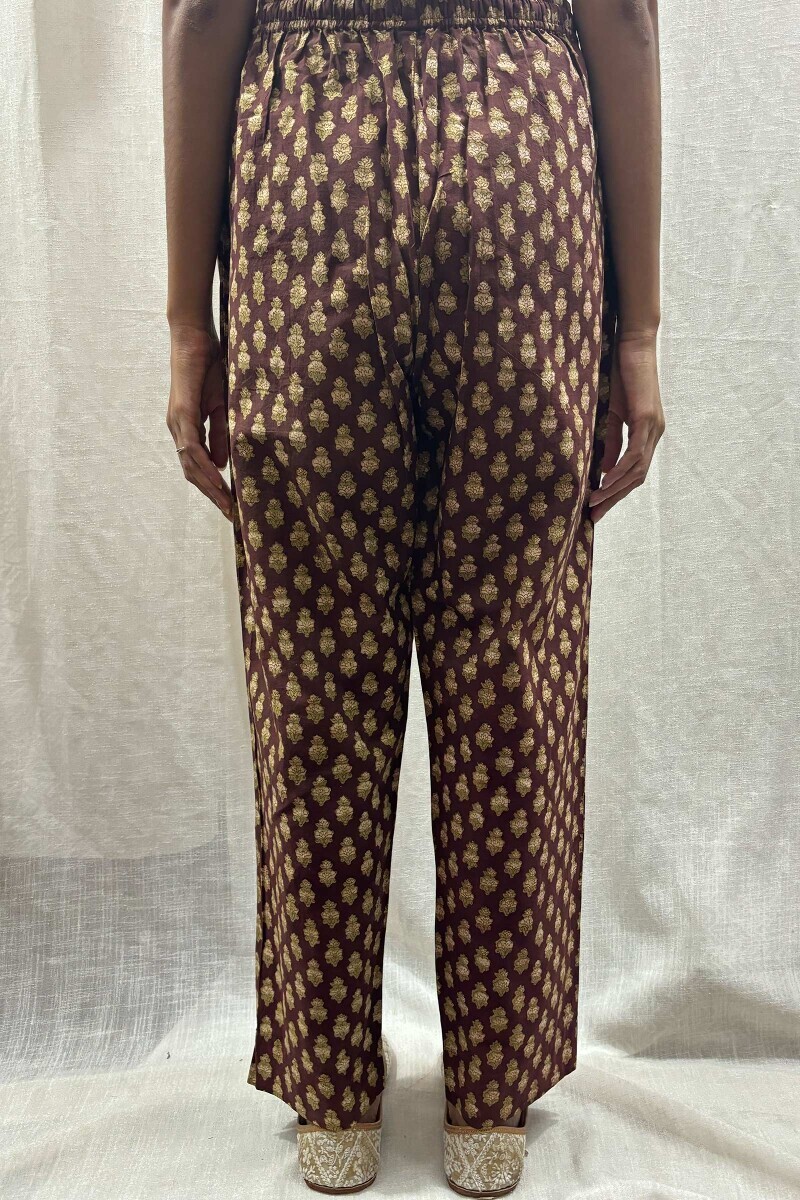 Brown Hand Block-Printed Narrow Pants