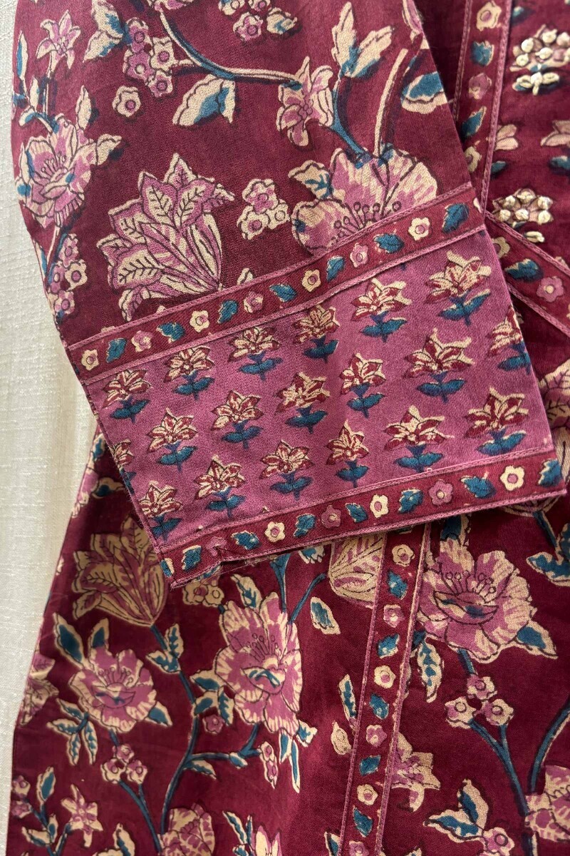 Maroon Hand Block-Printed Straight Kurta