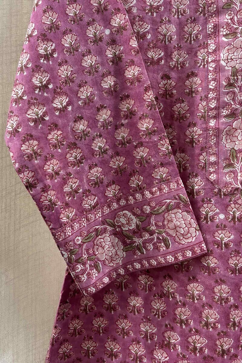 Purple Hand Block-Printed Straight Cotton Kurta
