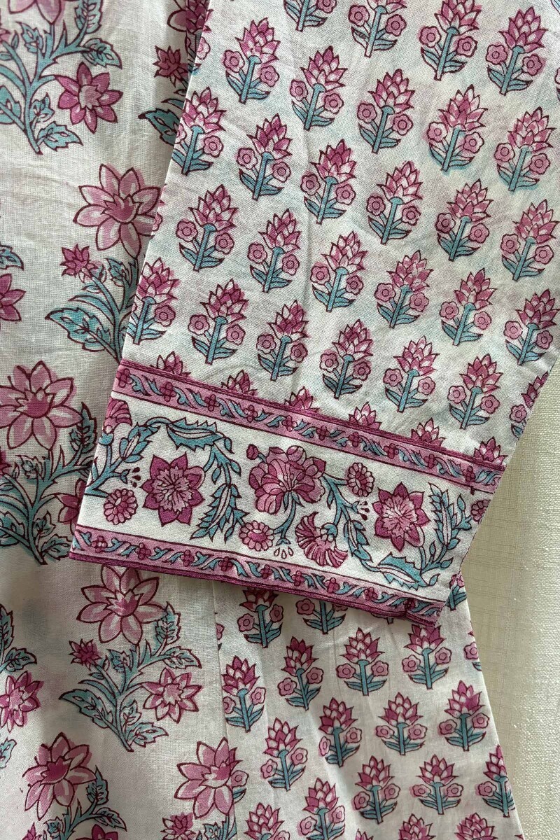 White Hand Block-Printed A-Line Cotton Kurta