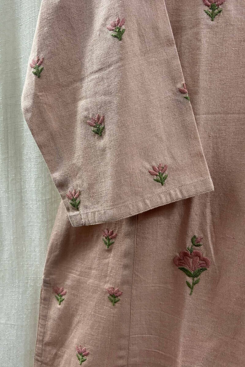 Peach Handcrafted Straight Cotton Flax Kurta