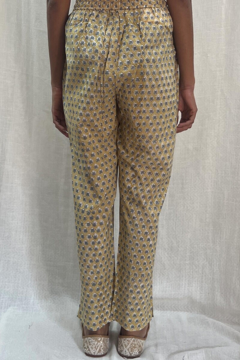 Yellow Hand Block-Printed Cotton Narrow Pants