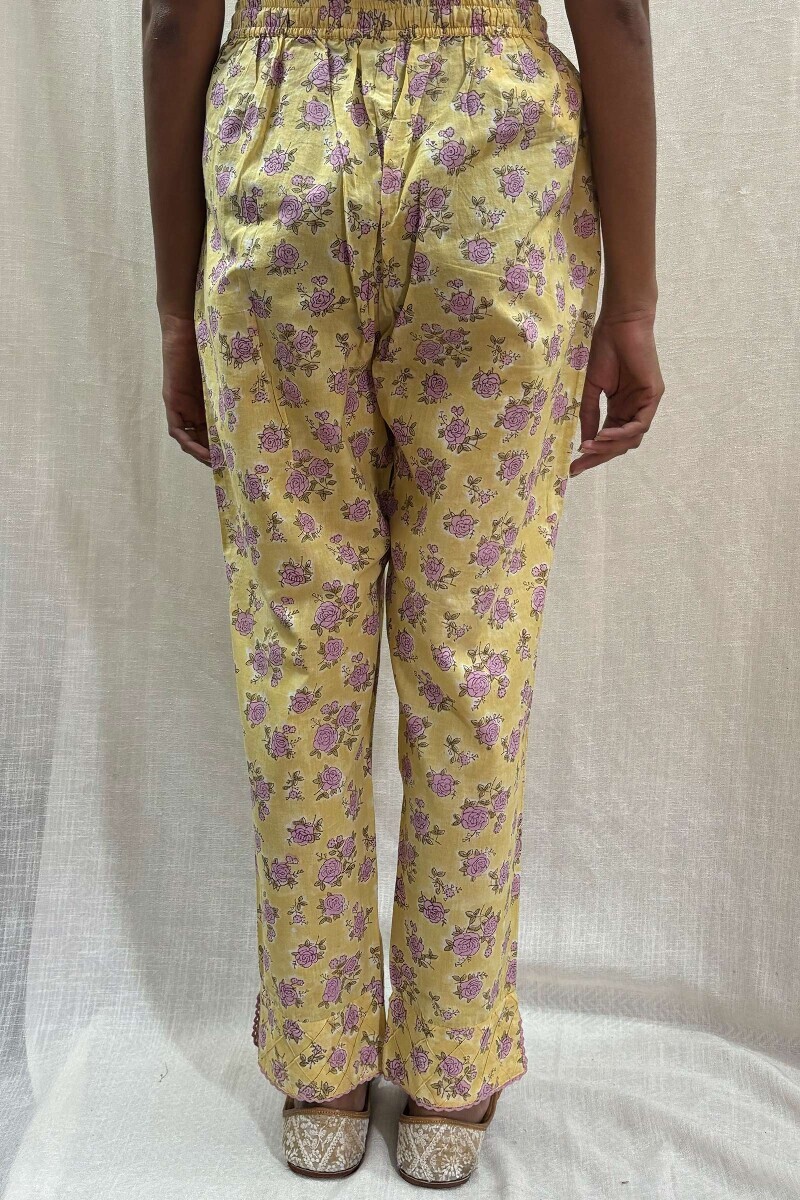 Yellow Hand Block-Printed Cotton Narrow Pants