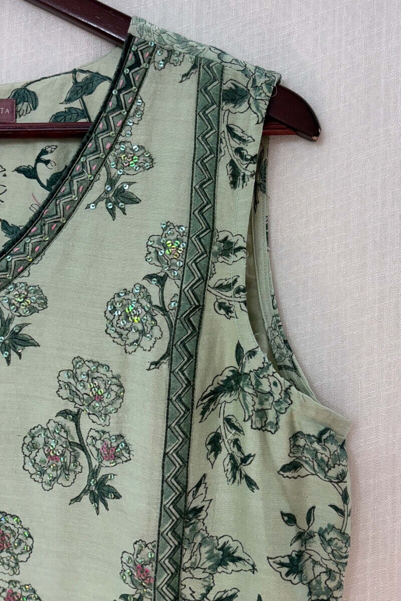 Green Hand Block-Printed A-Line Chanderi Kurta