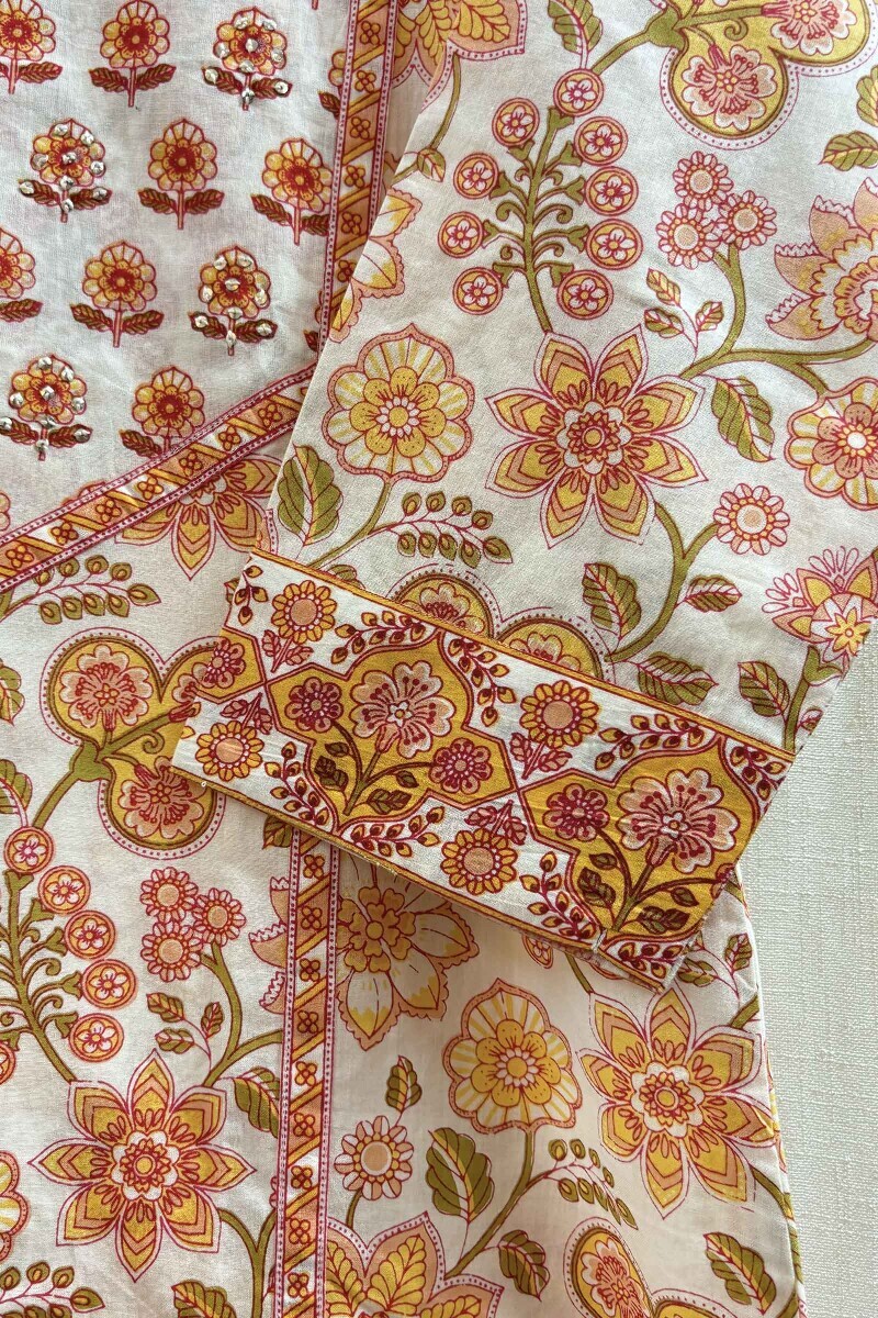 White Hand Printed Straight Cotton Kurta