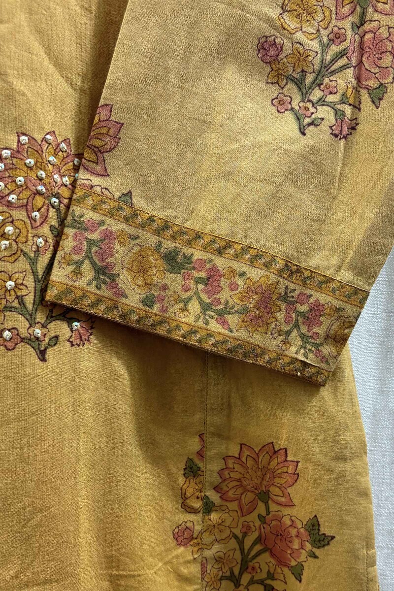 Mustard Hand Block-Printed Straight Cotton Kurta
