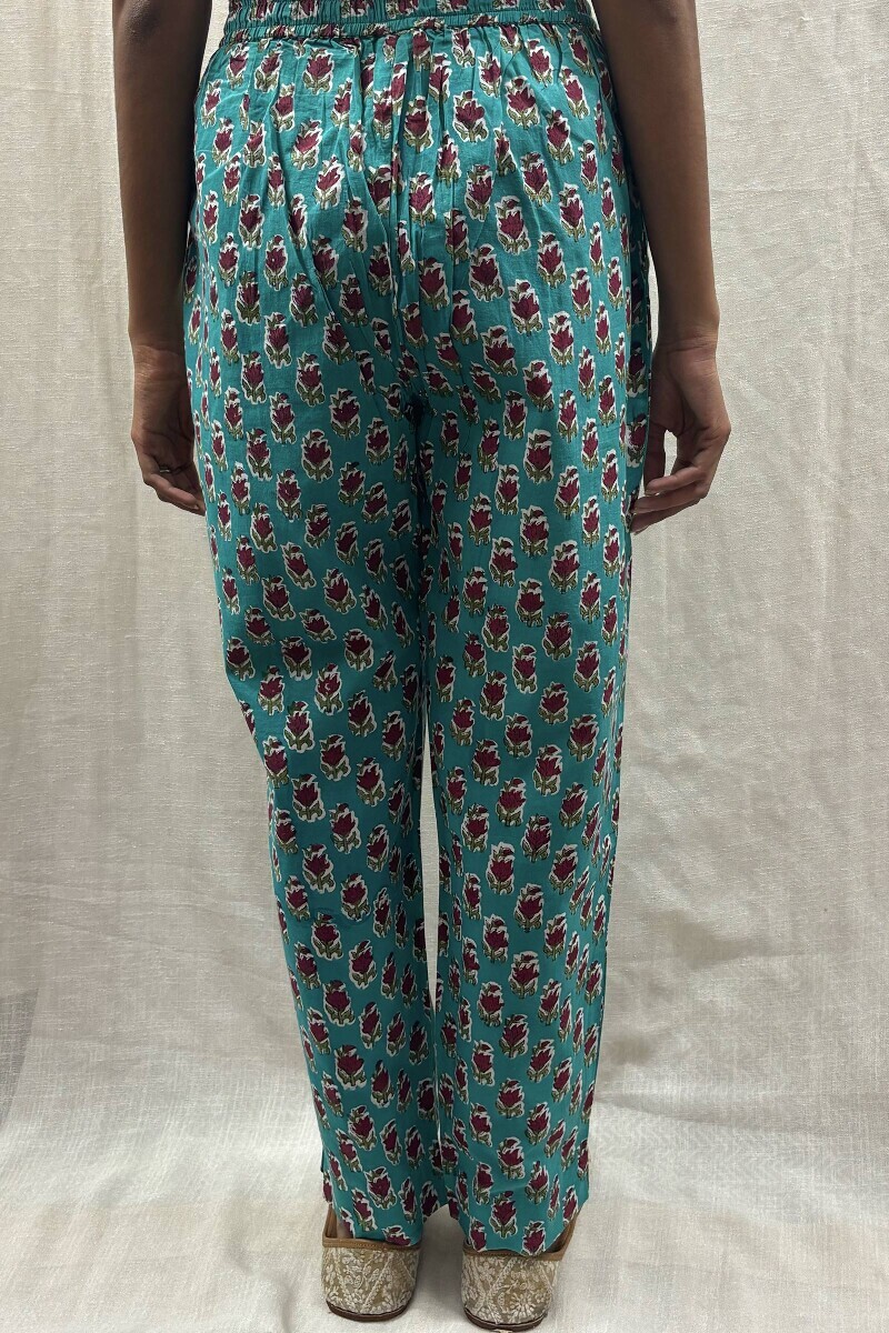 Blue Hand Block-Printed Cotton Narrow Pants