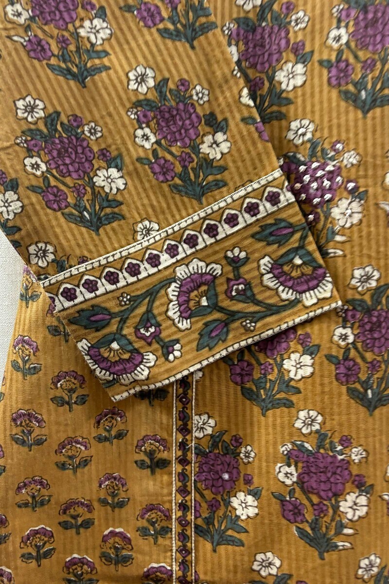 Mustard Hand Printed Straight Cotton Dobby Kurta