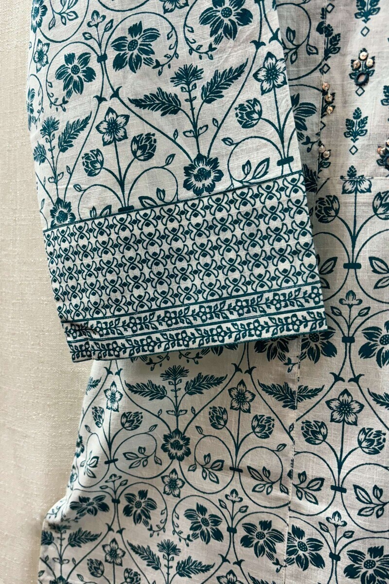 White Hand Screen-Printed Straight Kurta for Women