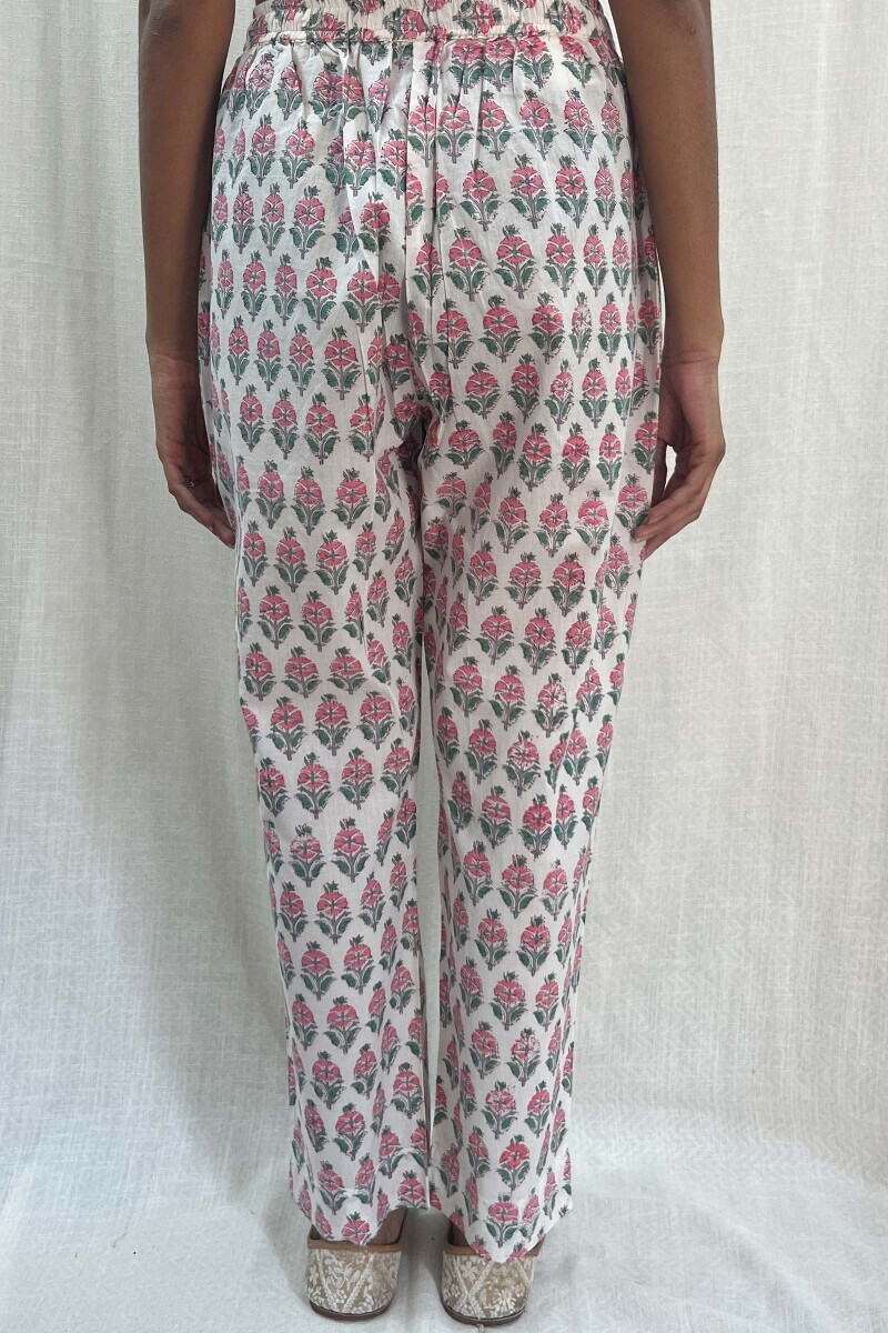 Off-White Hand Block-Printed Cotton Narrow Pants