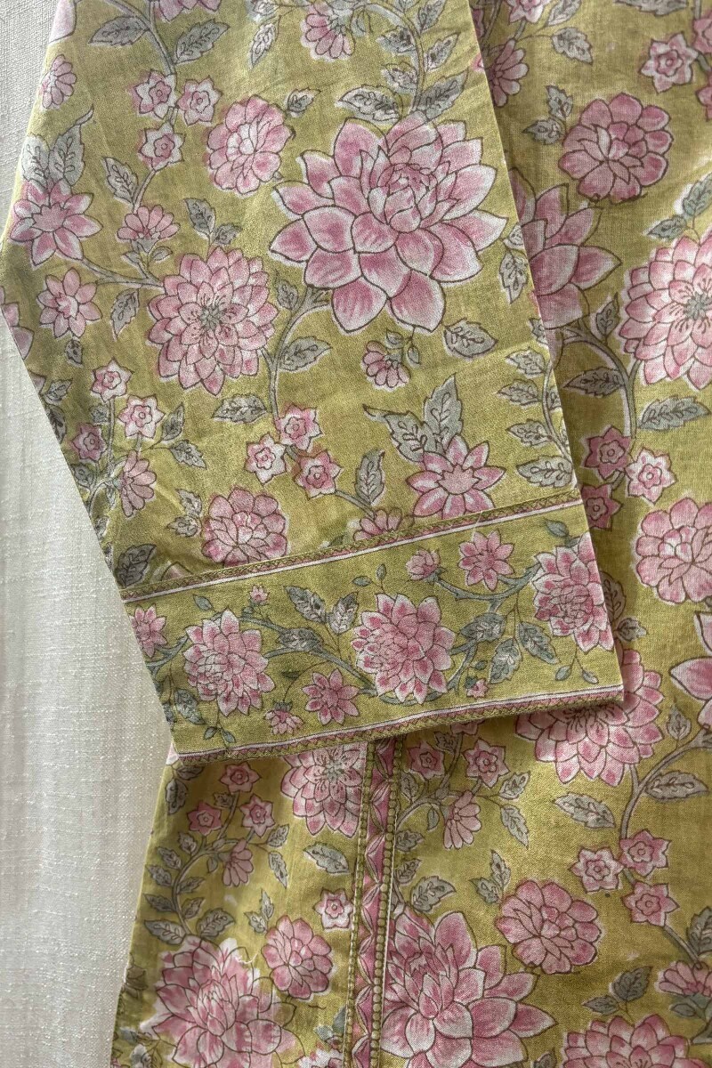 Green Hand Block-Printed Straight Cotton Kurta