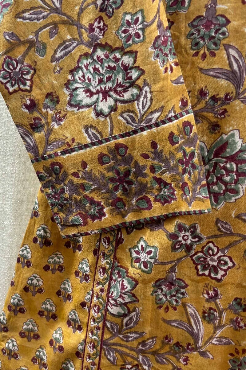 Mustard Hand Block-Printed Straight Cotton Kurta
