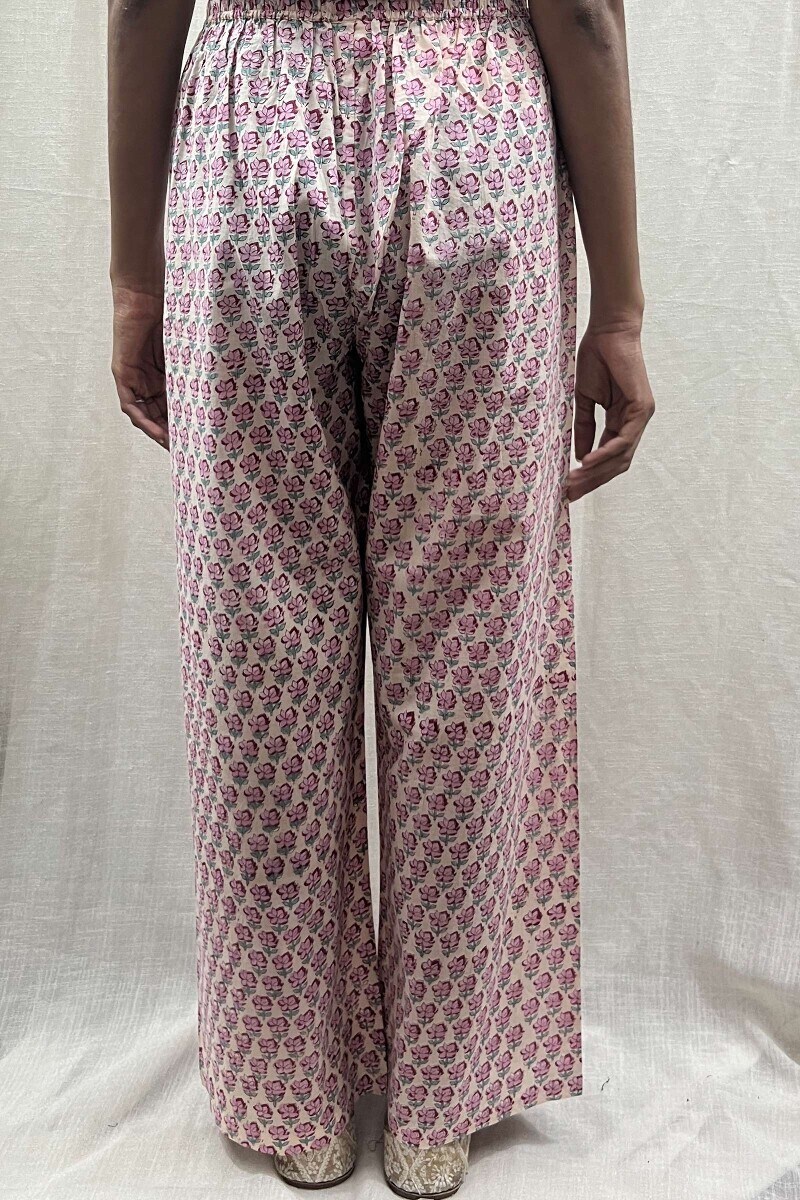 Cream Hand Block-Printed Cotton Straight Farsi