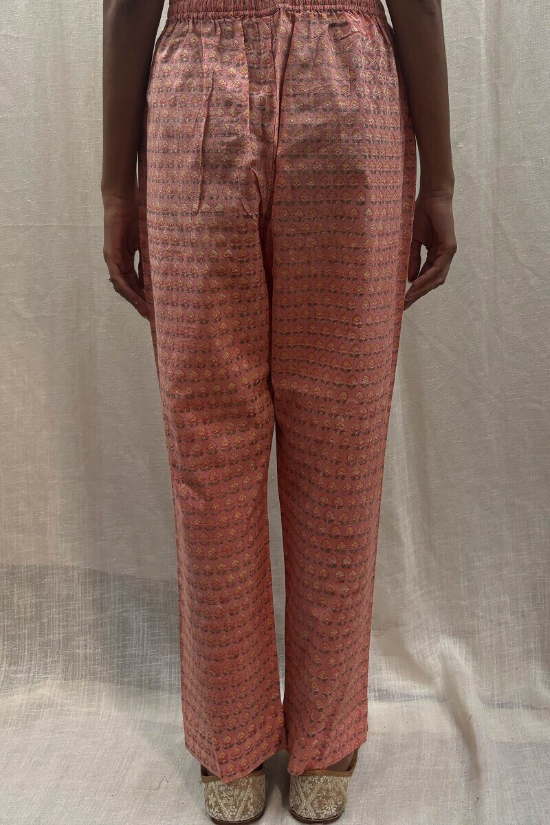 Peach Hand Block-Printed Cotton Slub Narrow Pants