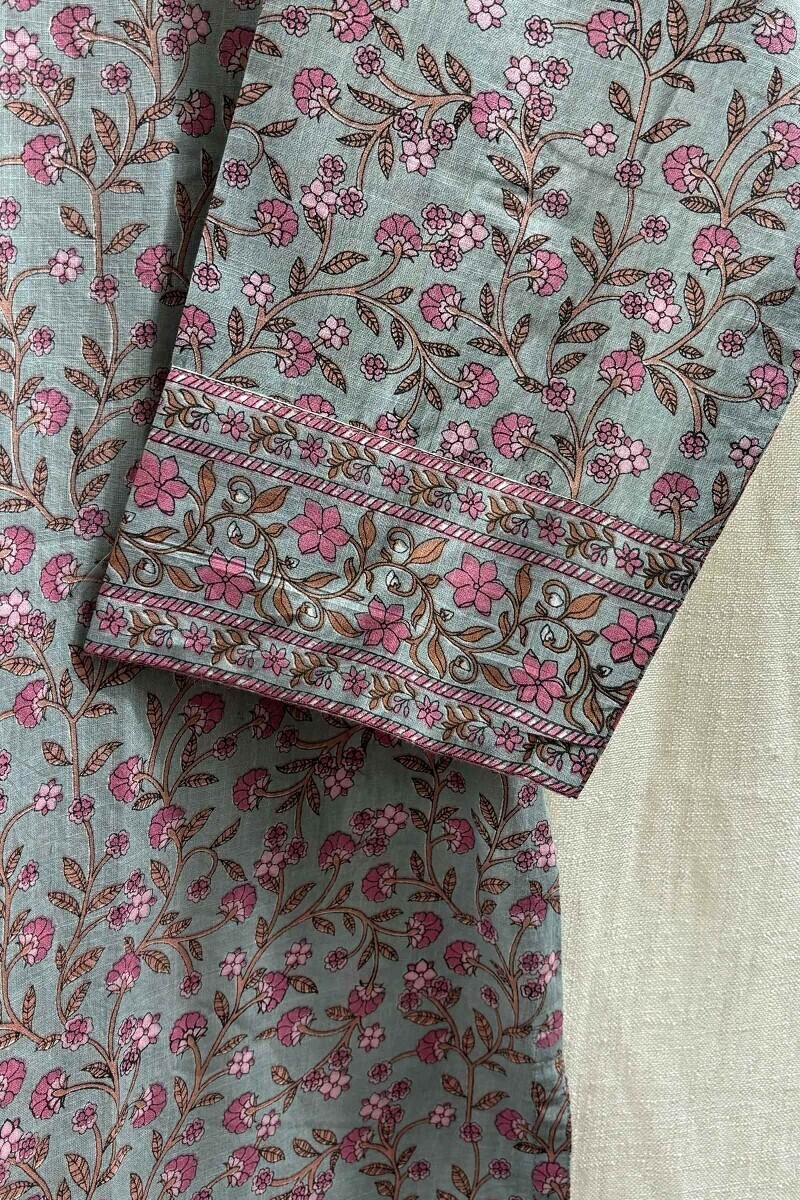 Blue Hand Printed Straight Cotton Slub Kurta